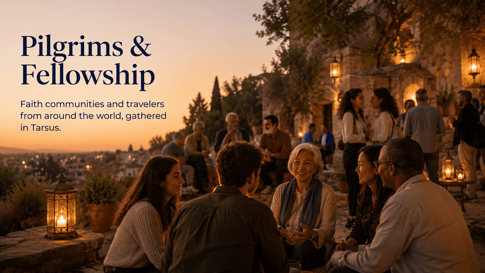 Pilgrims & Fellowship — faith communities and travelers from around the world, gathered in Tarsus.